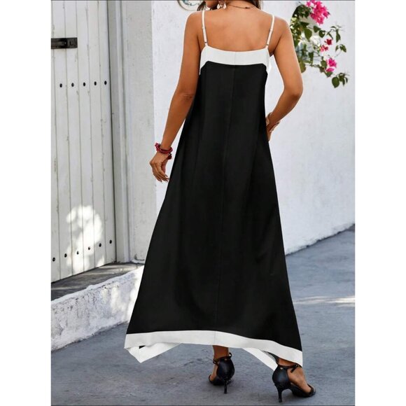 Contrast minimalist Cami sleeve two tone sleeveless maxi dress navy blue tan - Picture 4 of 6